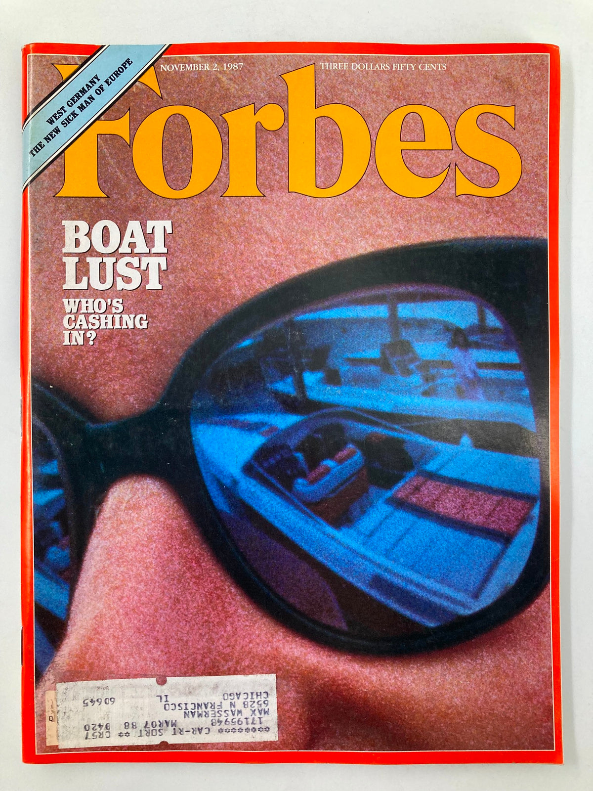 Cover of VTG Forbes Magazine, November 2, 1987, featuring an image of sunglasses reflecting a luxurious boat scene. Title: 'Boat Lust: Who's Cashing In?'. A vintage collectible magazine.