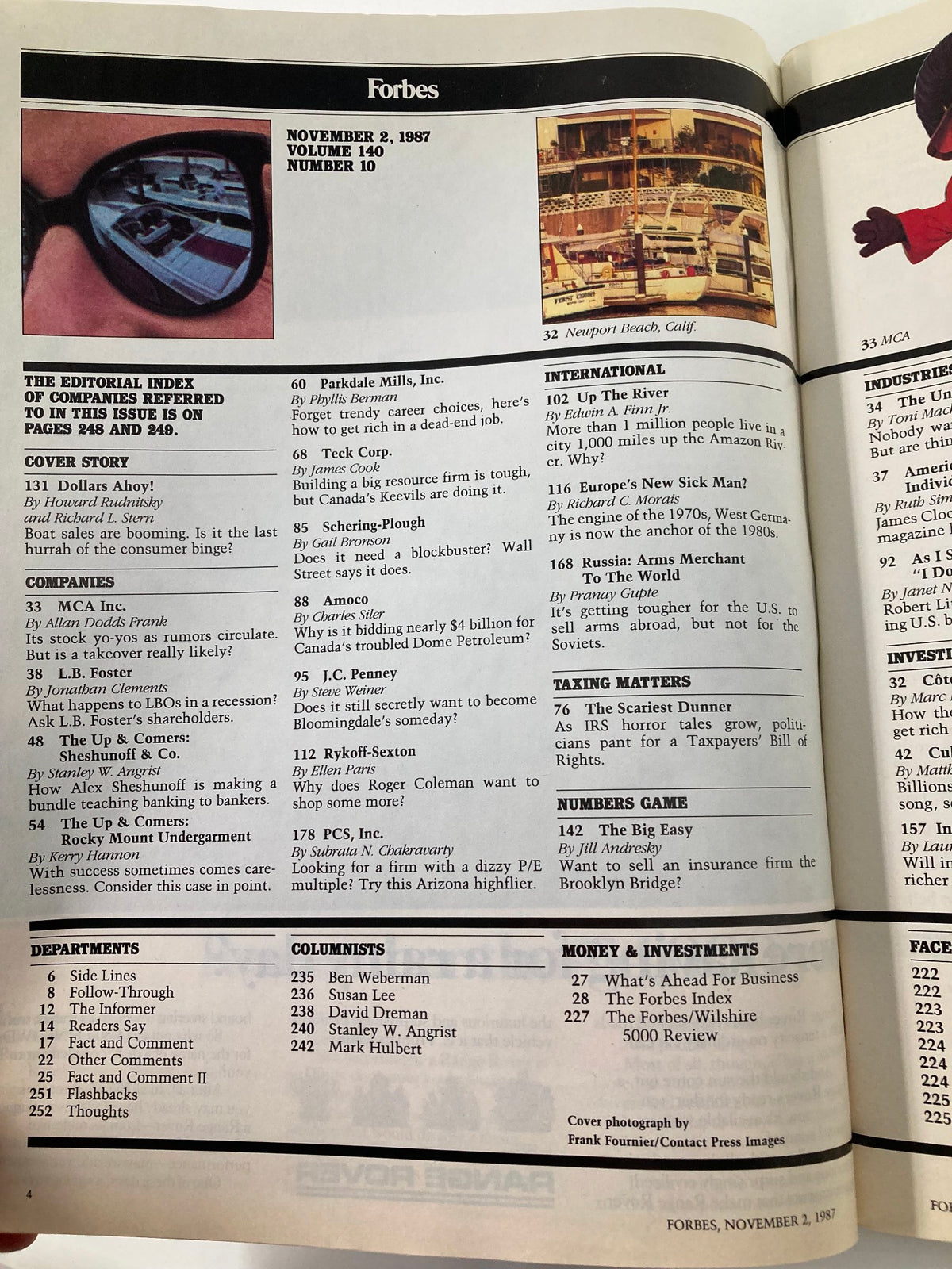 Editorial index page of VTG Forbes Magazine, November 2, 1987, listing contents including articles on luxury boating investments. Title: 'Boat Lust: Who's Cashing In?'.