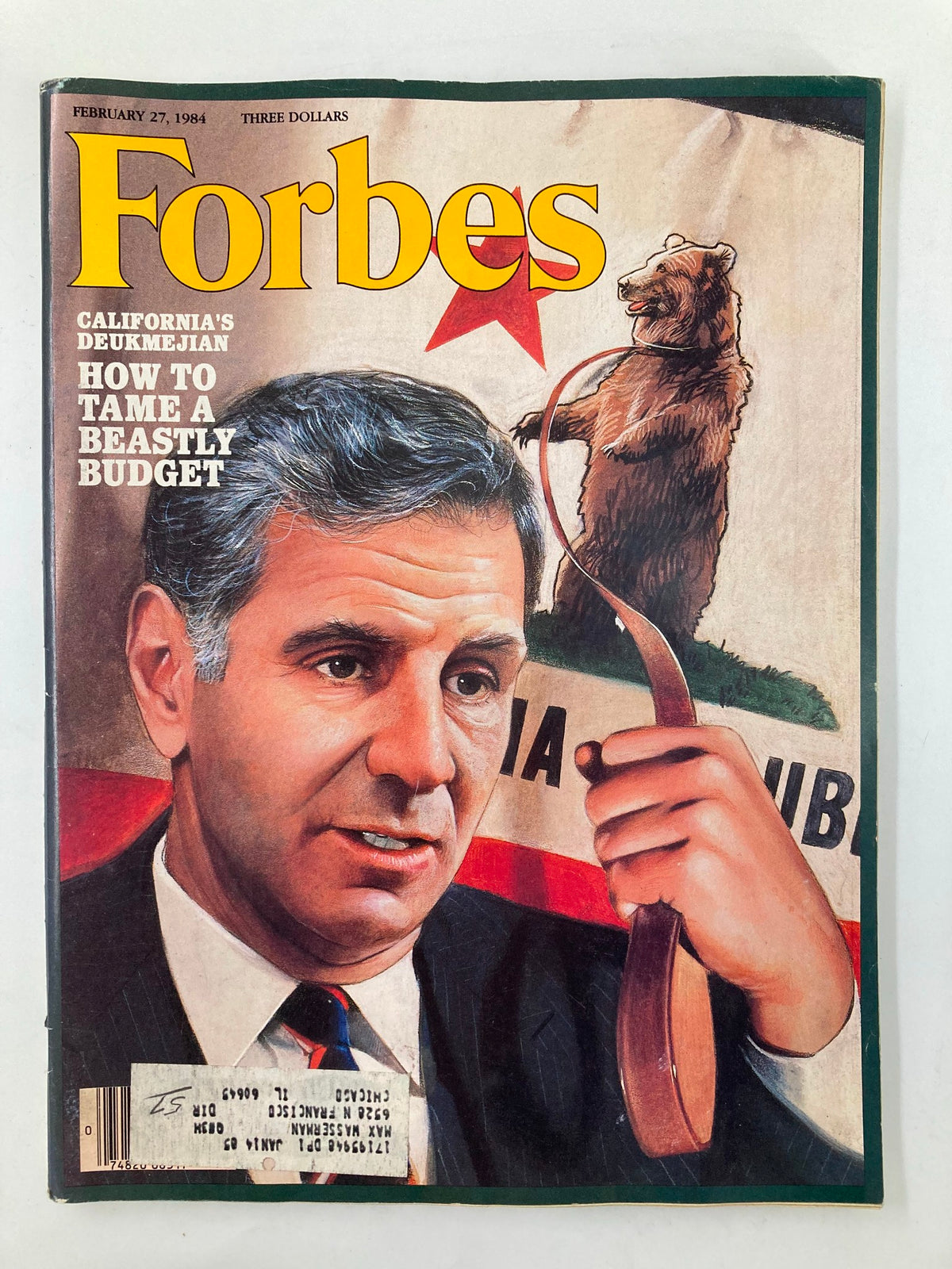 Cover of VTG Forbes Magazine February 27 1984 featuring George Deukmejian, with the headline 'HOW TO TAME A BEASTLY BUDGET' and an illustration of a bear.
