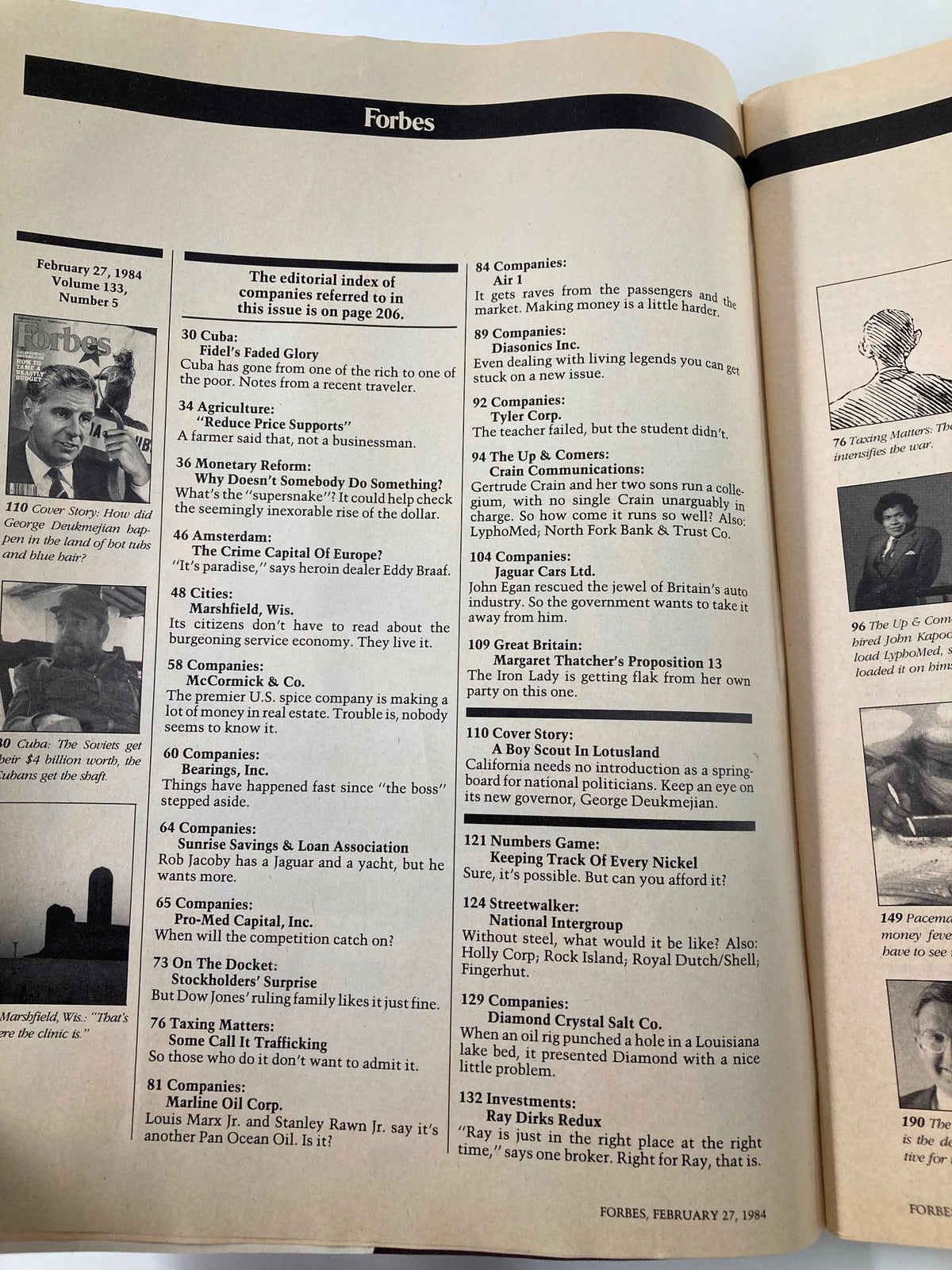 Inside page of VTG Forbes Magazine February 27 1984 displaying the editorial index of articles in this issue.