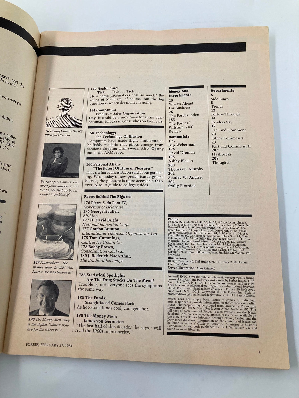 Another inside page of VTG Forbes Magazine February 27 1984 showing additional content, including a feature list and illustrations.