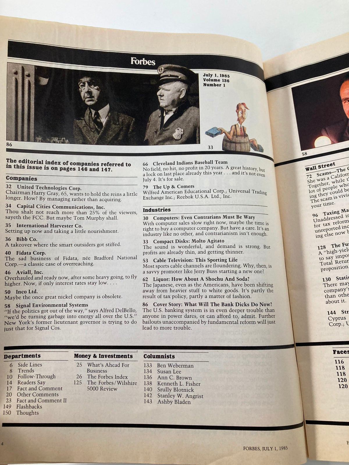 Inside page of Forbes Magazine from July 1, 1985, showcasing the index of articles including 'What Should The Bank Dicks Do Now?' and various topics in finance and investments.