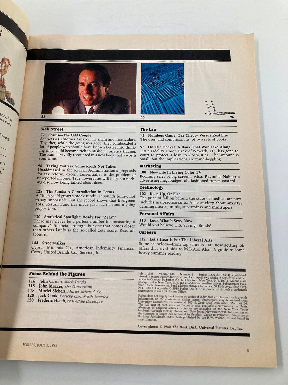 Another inside page of Forbes Magazine from July 1, 1985, highlighting articles related to Wall Street and economic insights, featuring prominent figures of the era.