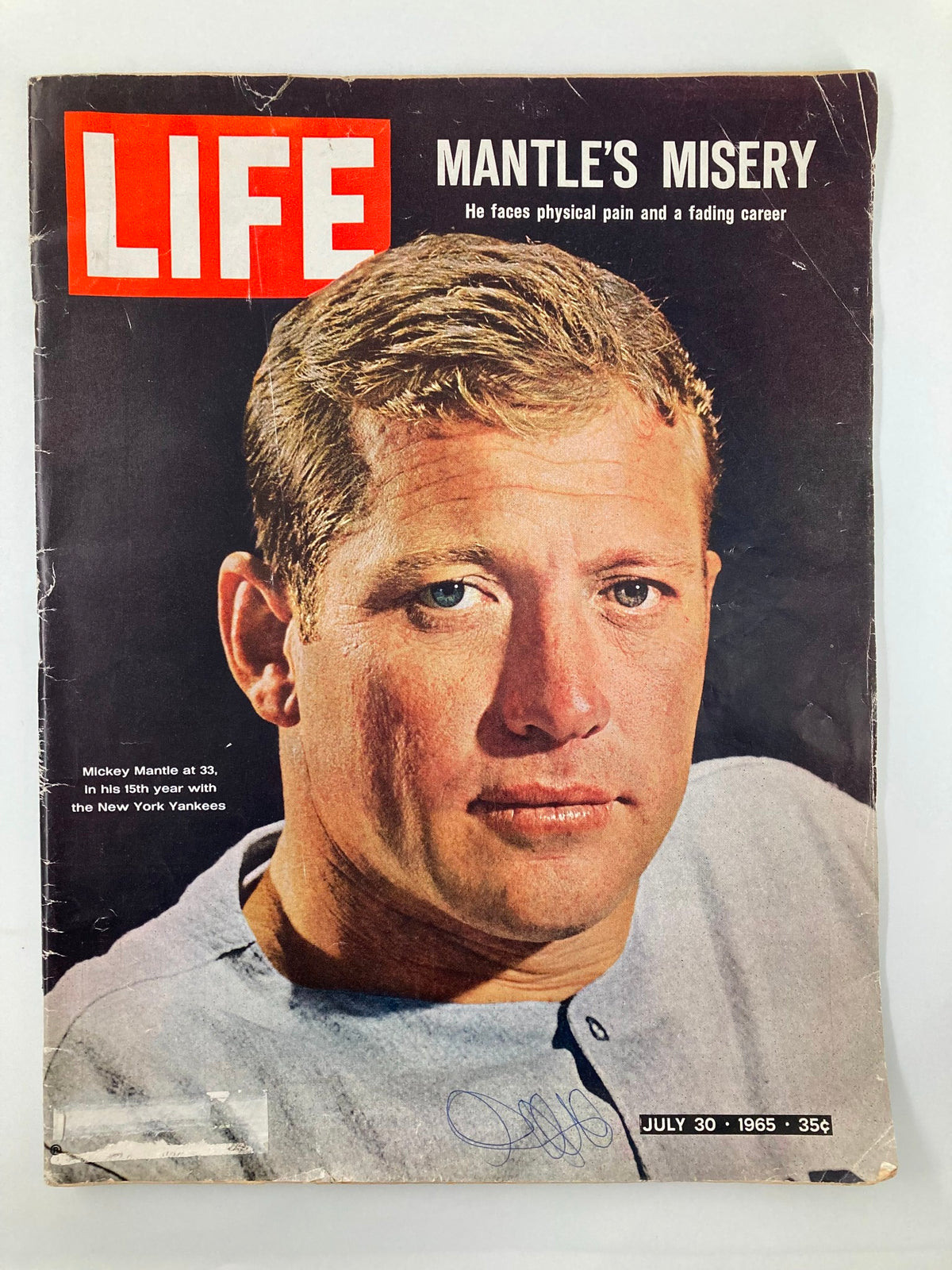 Cover of Life Magazine July 30, 1965 featuring Mickey Mantle with the title 'Mantle's Misery' discussing his physical pain and fading career.