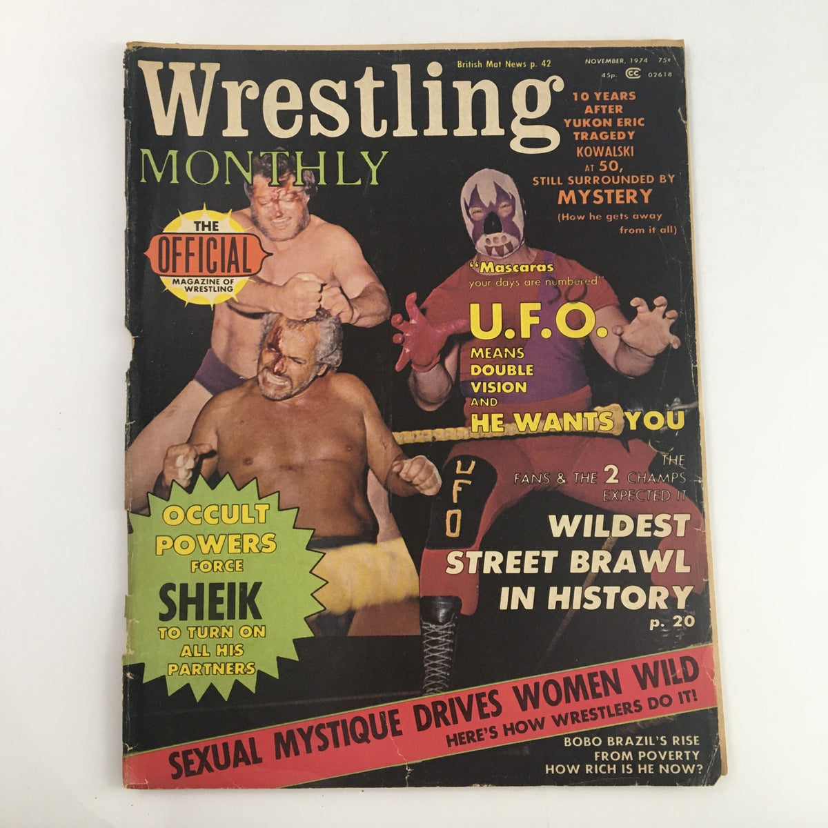 Cover of Wrestling Monthly Magazine November 1974 featuring The Sheik and Mil Máscaras in an intense wrestling scene, highlighting the golden era of professional wrestling.