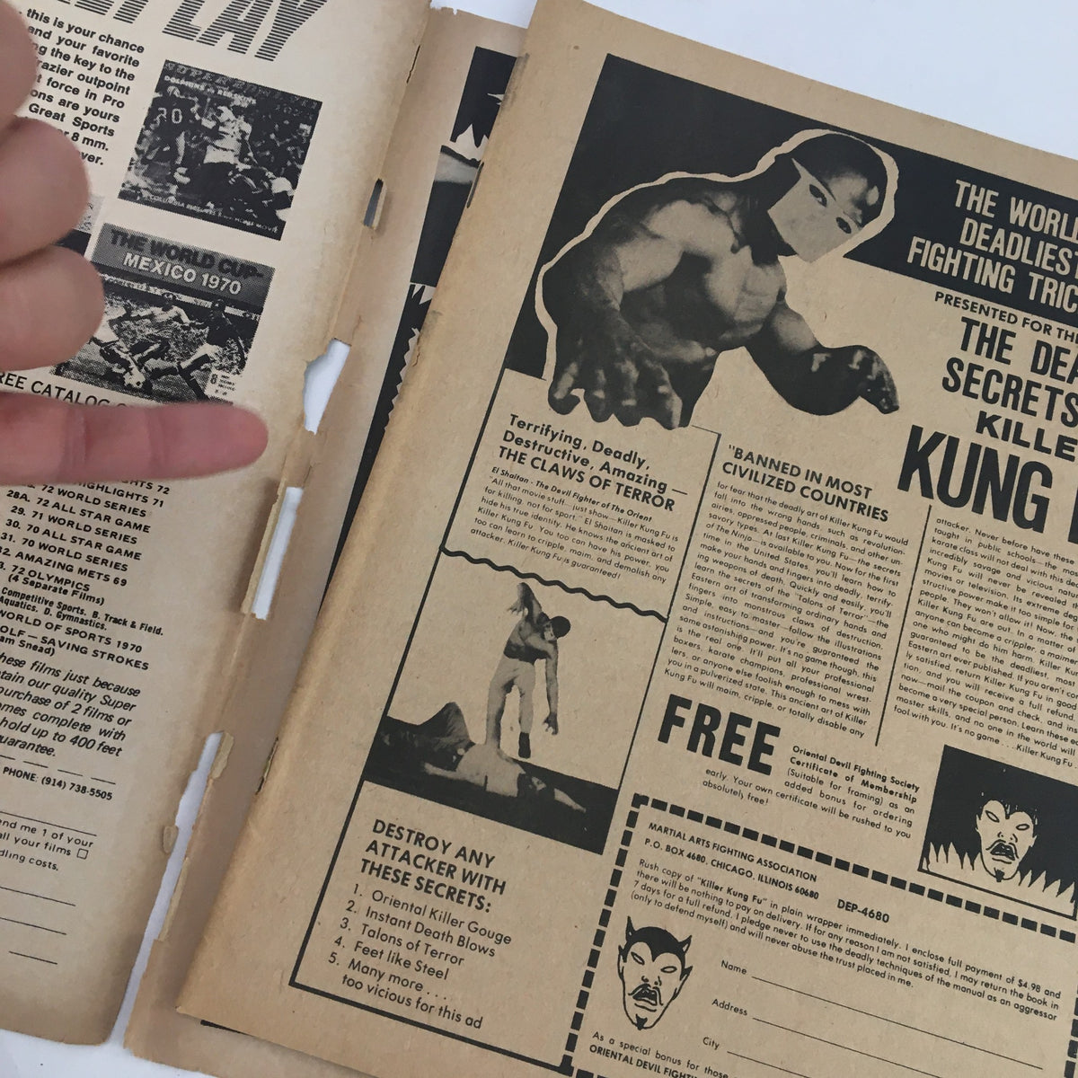 Inside pages of Wrestling Monthly Magazine November 1974 showcasing ads and articles, emphasizing vintage wrestling culture and promotions.