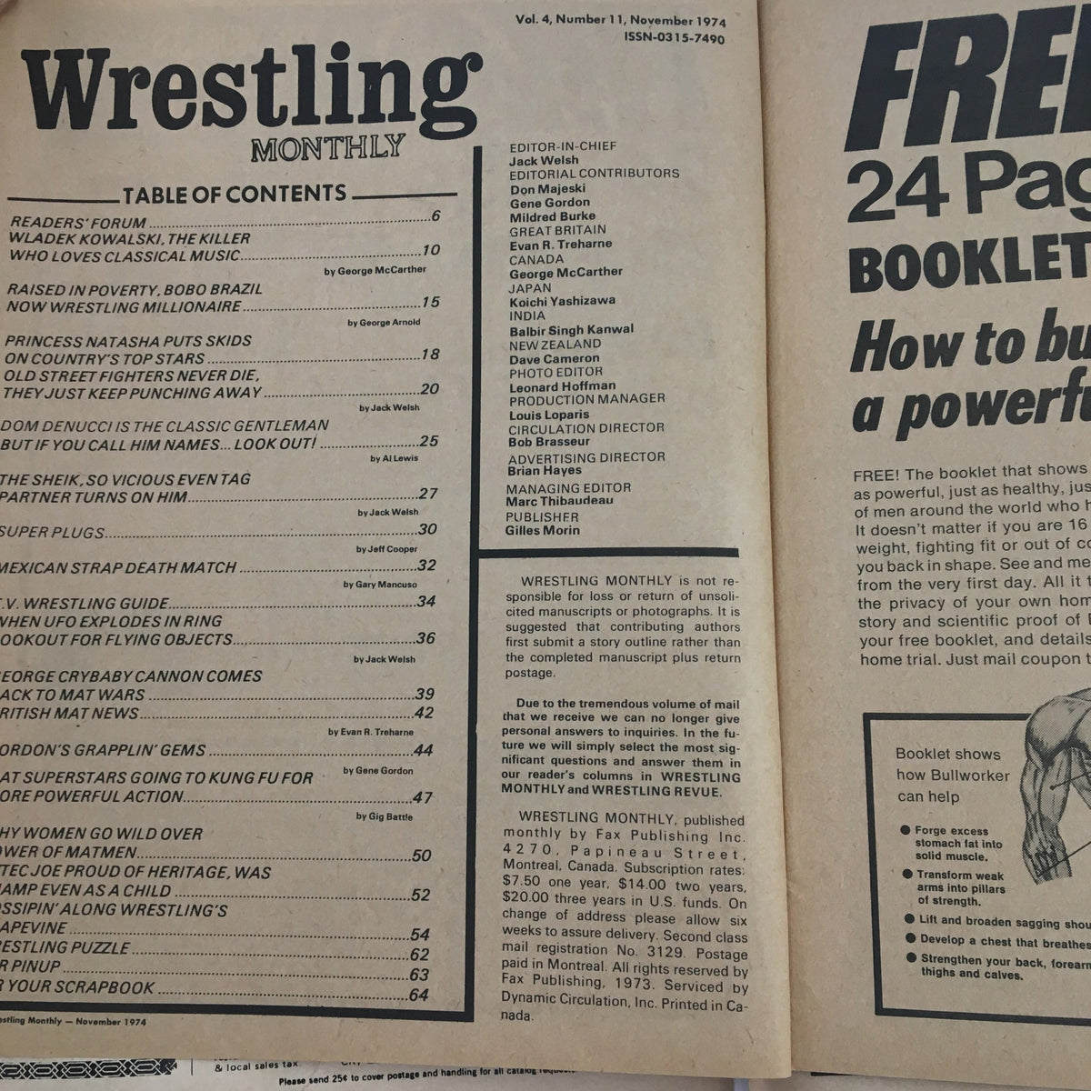 Contents page of Wrestling Monthly Magazine November 1974, listing various articles and features about wrestling, including legends and events from the era.
