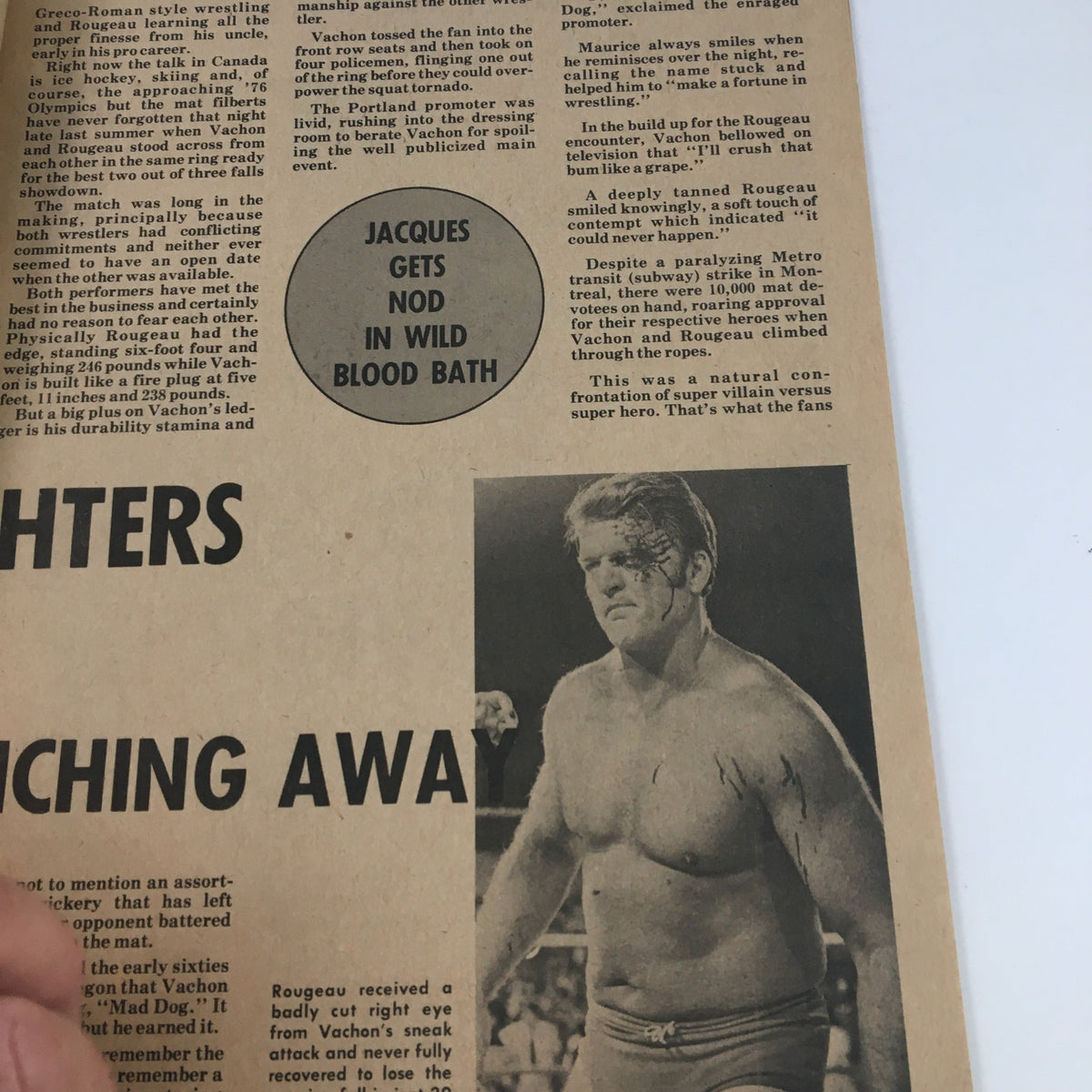 Wrestling Monthly Magazine November 1974 showcasing Jacques Rougeau in a blood bath match, highlighting his intense rivalry in the wrestling world.