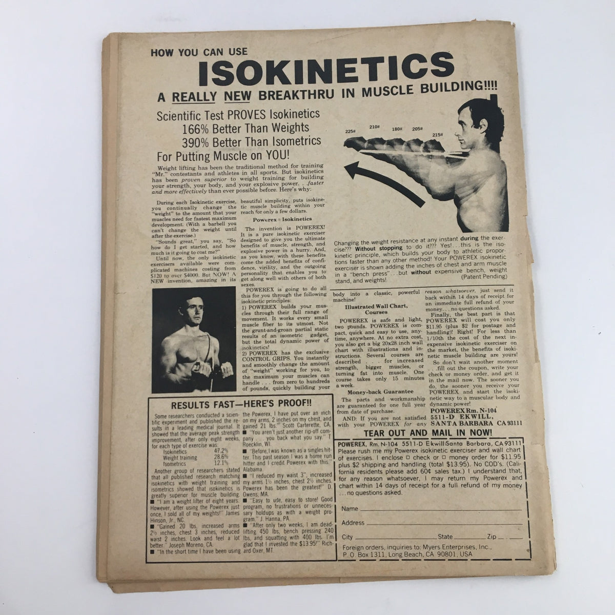 Wrestling Monthly Magazine November 1974 advertisement for Isokinetics, presenting a new breakthrough in muscle building, featuring a model showcasing exercise techniques.