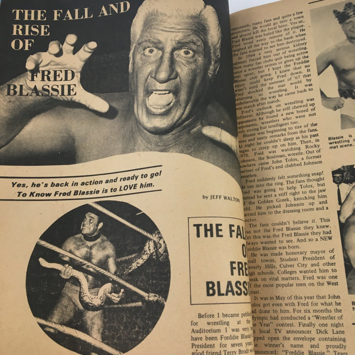 Page from Wrestling Monthly Magazine October 1971 featuring an article titled 'The Fall and Rise of Fred Blassie' alongside images of wrestling scenes.