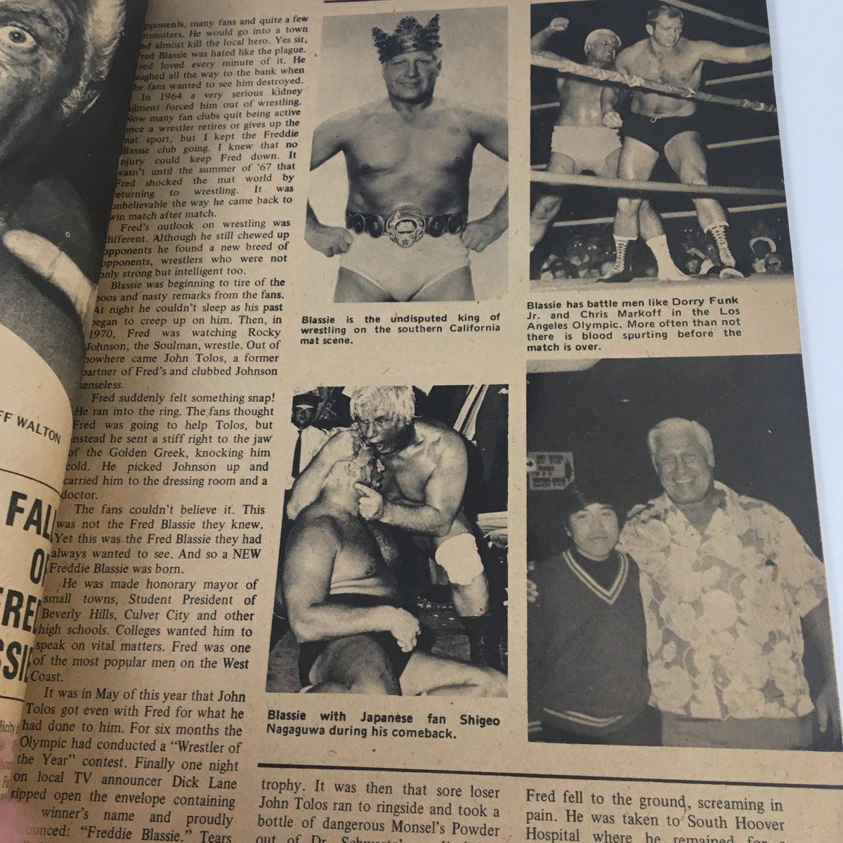 Continuation of the article 'The Fall and Rise of Fred Blassie' from Wrestling Monthly Magazine October 1971, showcasing historical wrestling moments.