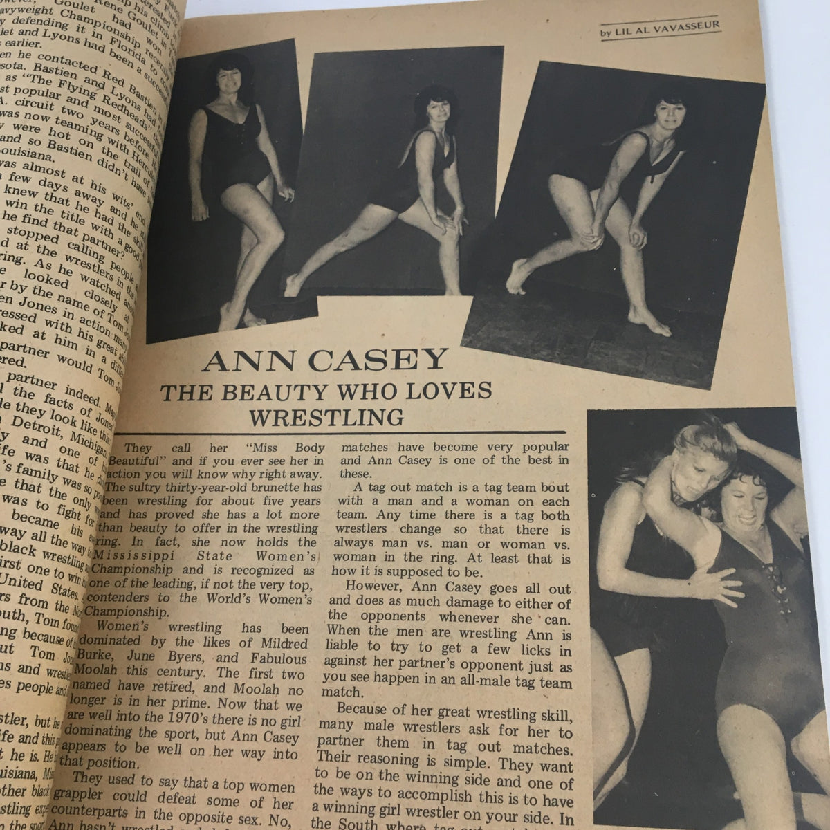 Wrestling Monthly Magazine October 1971 featuring Ann Casey, highlighted as 'The Beauty Who Loves Wrestling', showcasing vintage wrestling photography and article about her impact in the sport.