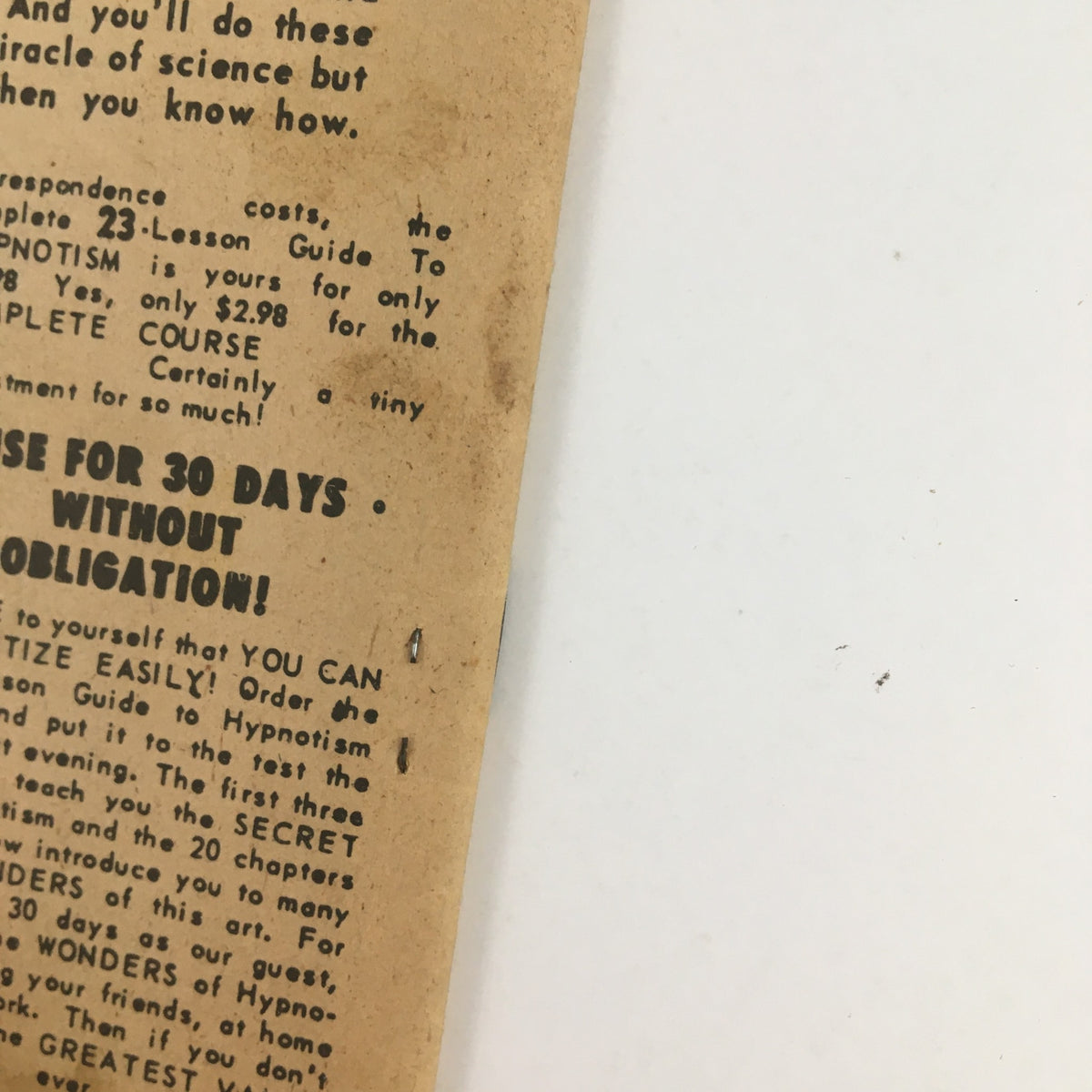 Side view of the back cover of Wrestling Monthly Magazine October 1971, advertising a 30-day free trial for a hypnotherapy guide, emphasizing the simplicity and effectiveness of learning hypnosis.