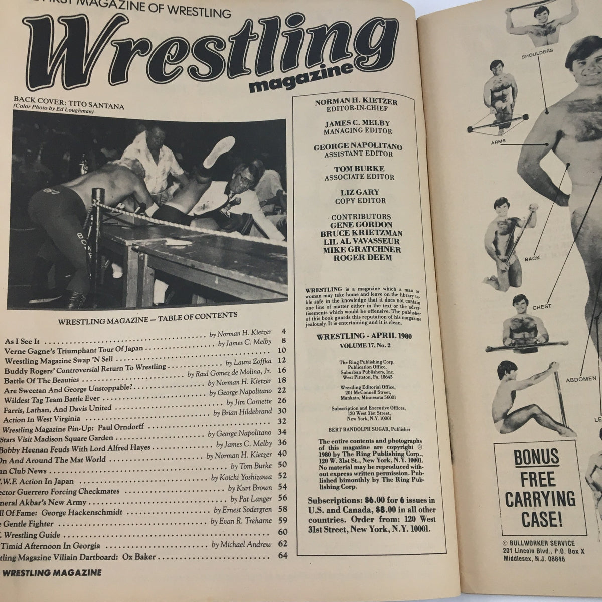 The Ring's Wrestling Magazine April 1980 interior page featuring table of contents and editorial staff, highlighting wrestling culture of the era.