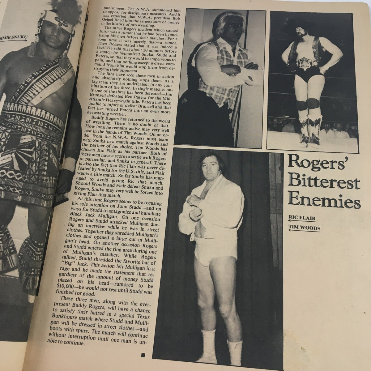 The Ring's Wrestling Magazine April 1980 page with images of wrestling personalities including Ric Flair and Tim Woods, emphasizing key rivalries.