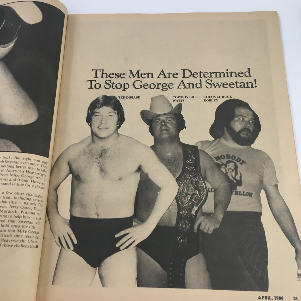 The Ring's Wrestling Magazine April 1980 featuring wrestlers Ted DiBiase, Cowboy Bill Watts, and Colonel Buck Robley, capturing the spirit of wrestling competition.