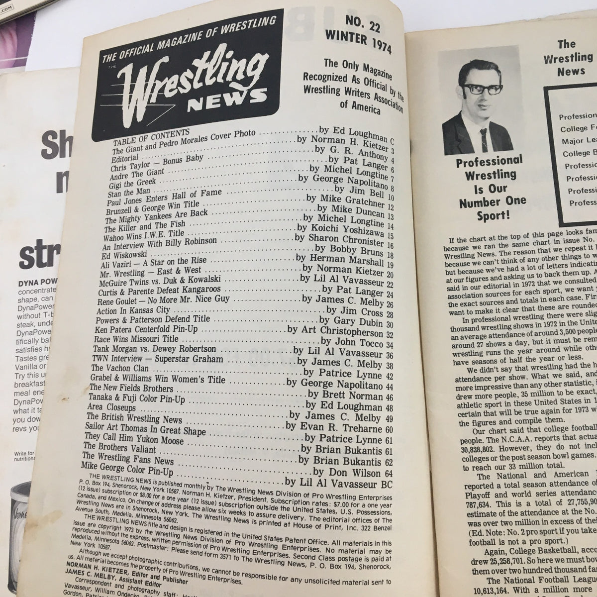 Table of contents from the Wrestling News Magazine January 1974, detailing articles and features related to Andre the Giant and the wrestling scene of that era.