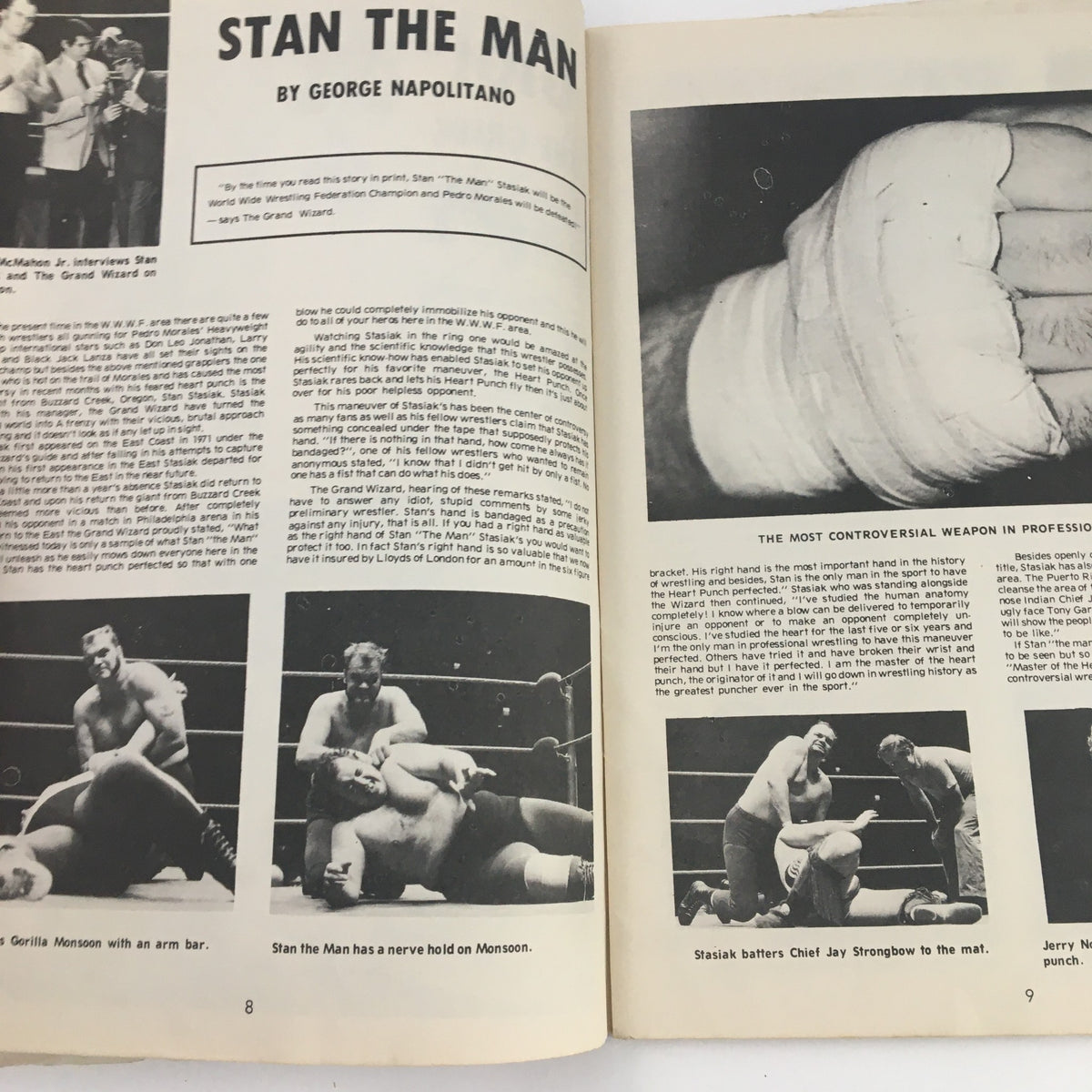 Inside page of Wrestling News Magazine January 1974, featuring an article about Stan 'The Man' Stasiak with images of wrestling holds and techniques.