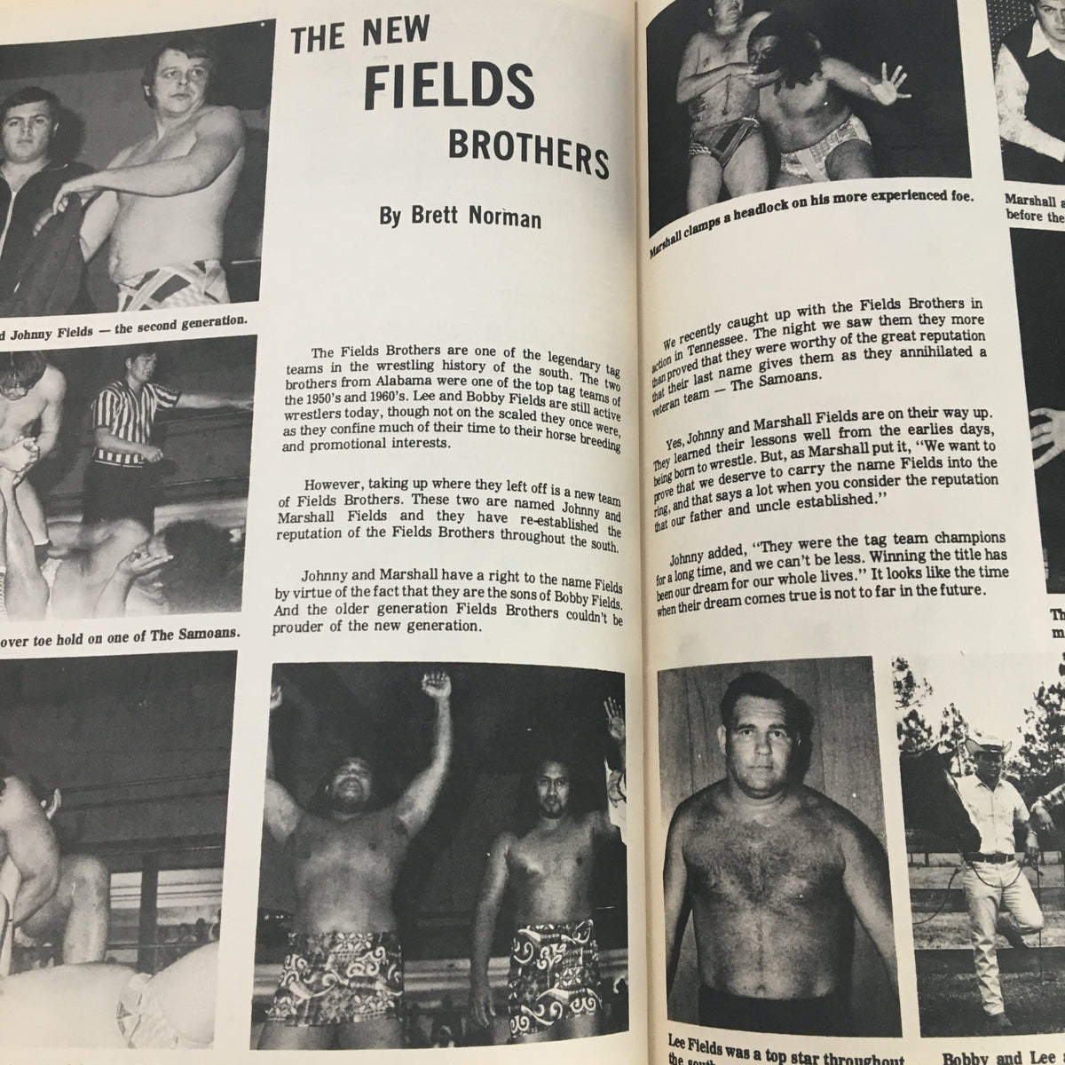 Feature on The New Fields Brothers in Wrestling News Magazine January 1974, detailing their legacy in tag team wrestling with multiple images.