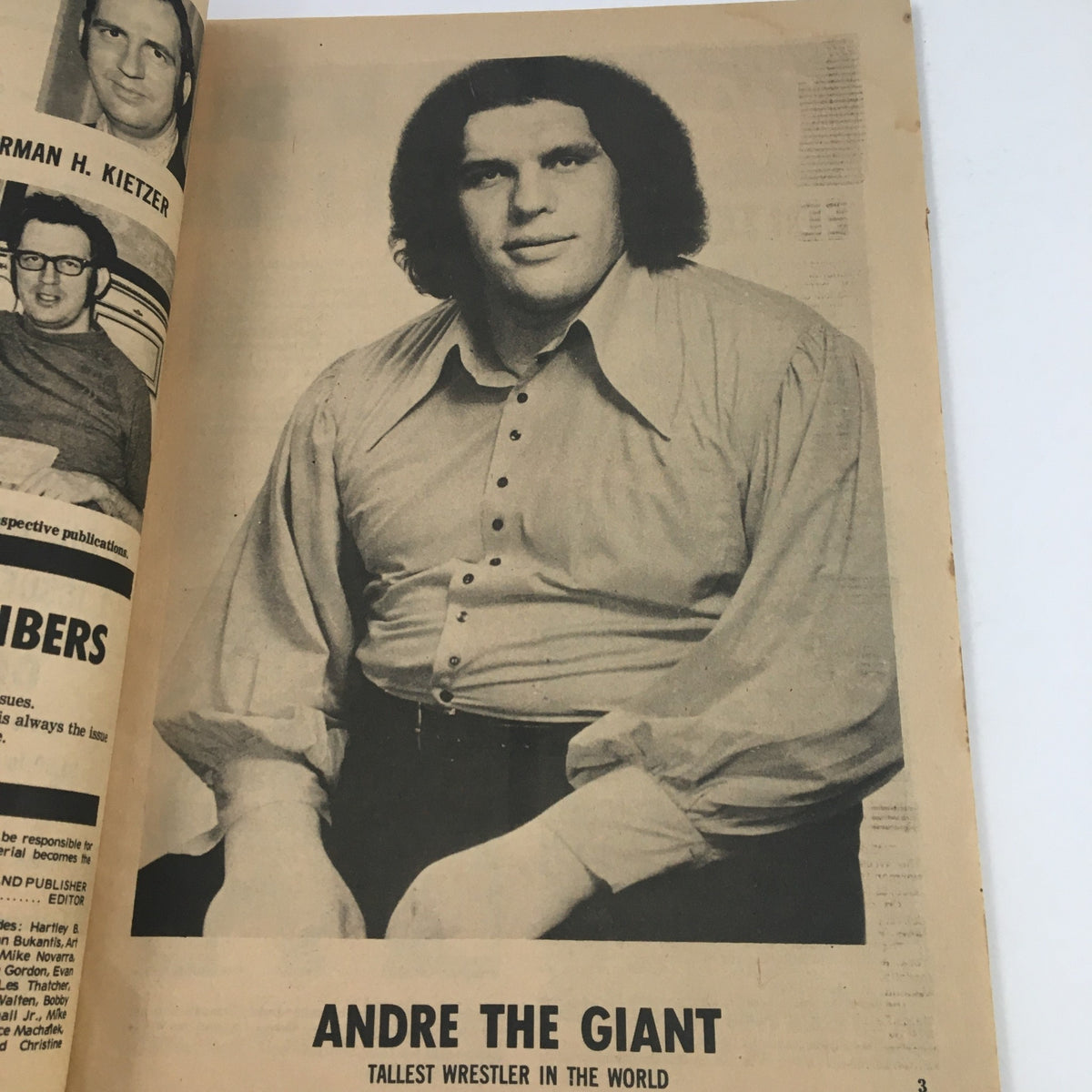 Inside the Wrestling Official Magazine June 1975, a black and white photo of Andre The Giant, the tallest wrestler in the world.