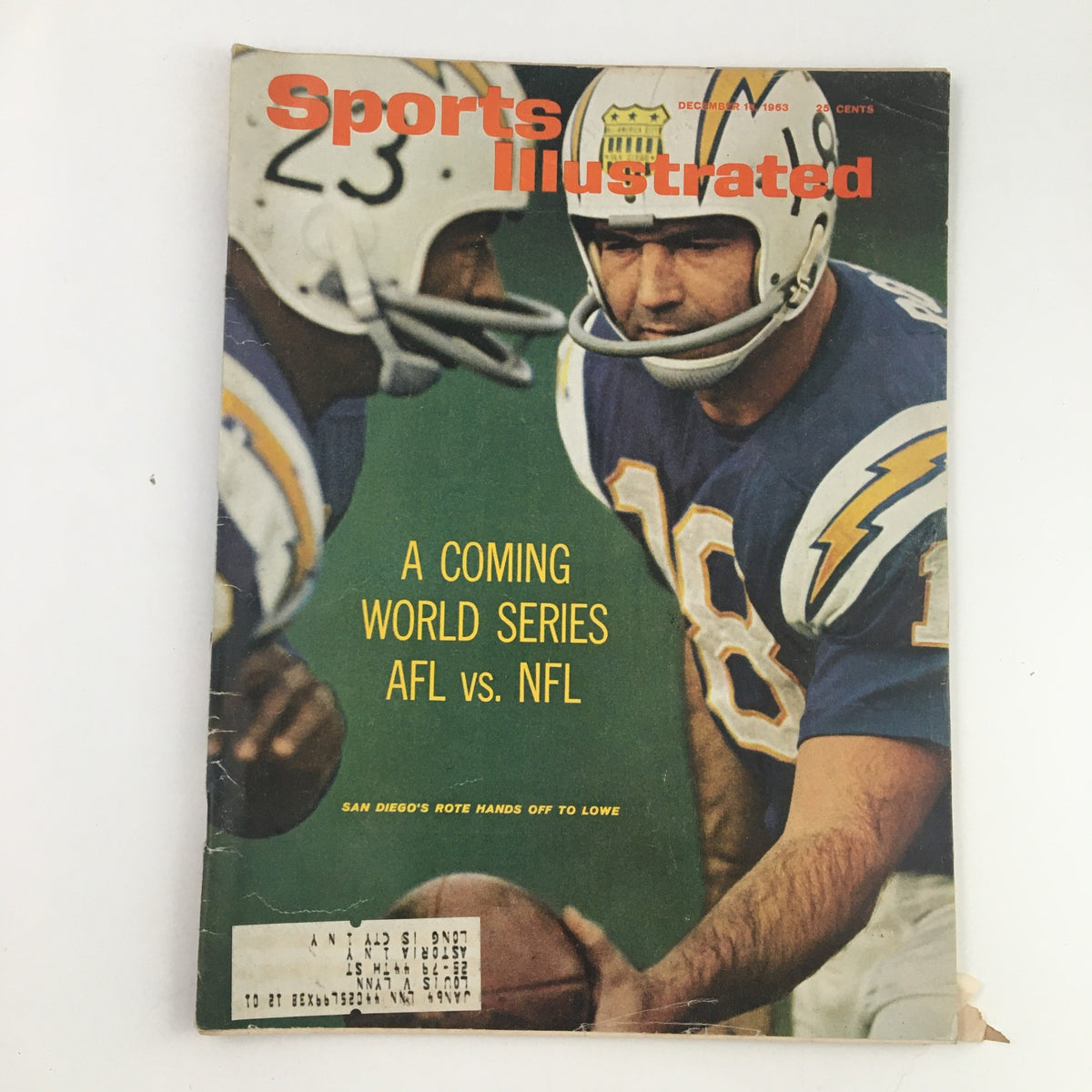Cover of Sports Illustrated Magazine from December 16, 1963, featuring San Diego's William Kyle Rote and highlighting the coming World Series AFL vs. NFL.