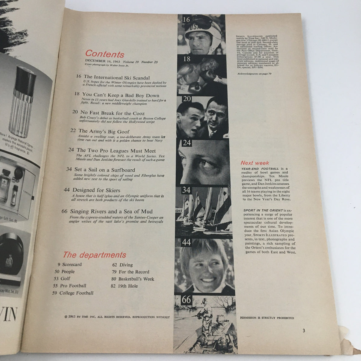 Inside page of Sports Illustrated Magazine December 16 1963, featuring the contents list with articles like The International Ski Scandal and The Two Pro Leagues Must Meet.