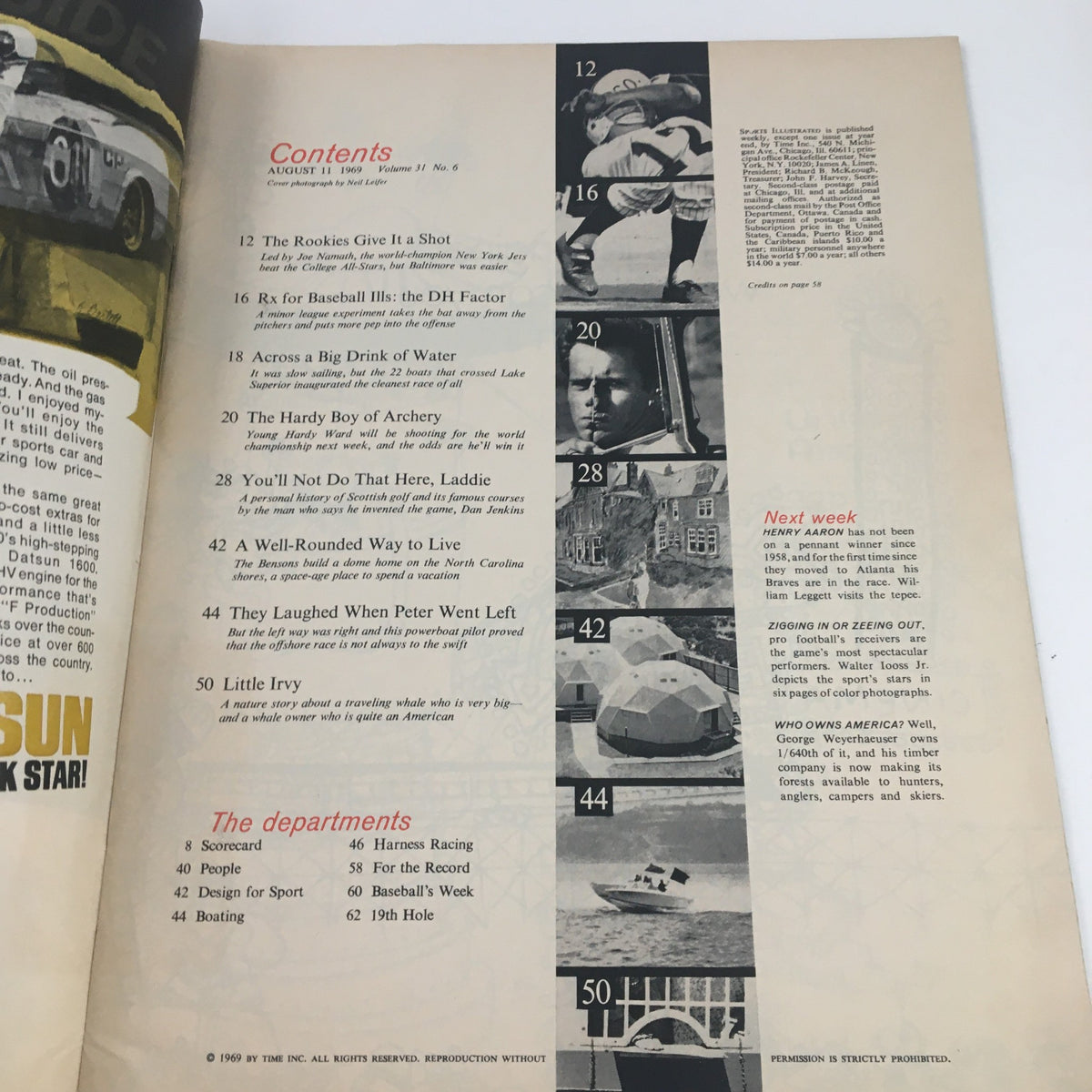 Interior page of Sports Illustrated Magazine August 11 1969 featuring the contents section detailing articles about sports including 'The Rookies Give It a Shot' and others, showcasing Joe Namath on the cover.