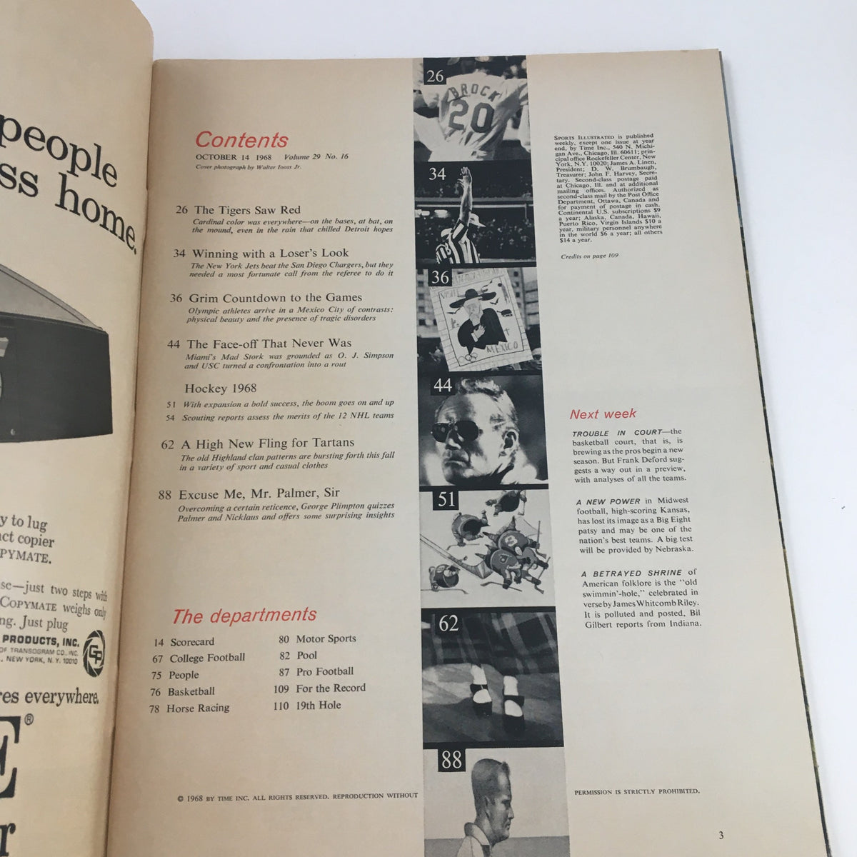 Inside page of Sports Illustrated Magazine, October 14, 1968, displaying the table of contents along with various sports articles, including a feature on O. J. Simpson.