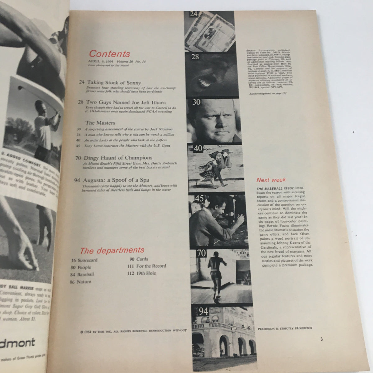 Contents page of Sports Illustrated Magazine April 6 1964 featuring articles and sections including Jack Nicklaus, The Masters, and Augusta.
