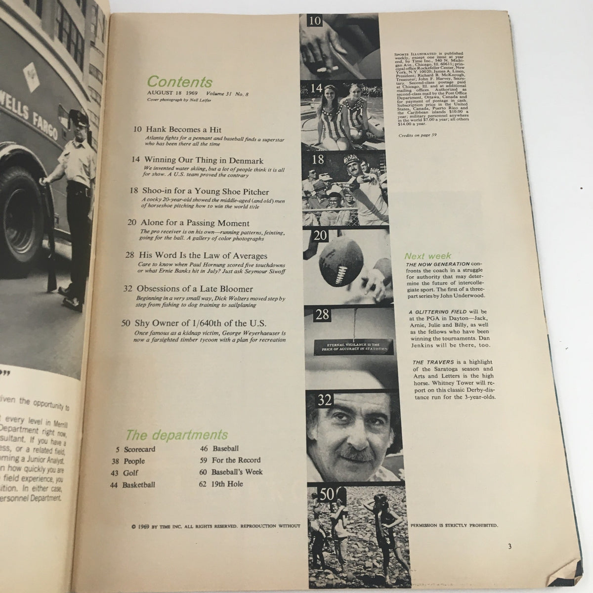 Inside of Sports Illustrated Magazine August 18 1969 showing contents page, featuring articles including 'Hank Becomes a Hit' and 'Alone for a Passing Moment', reflecting the sports culture of the time.