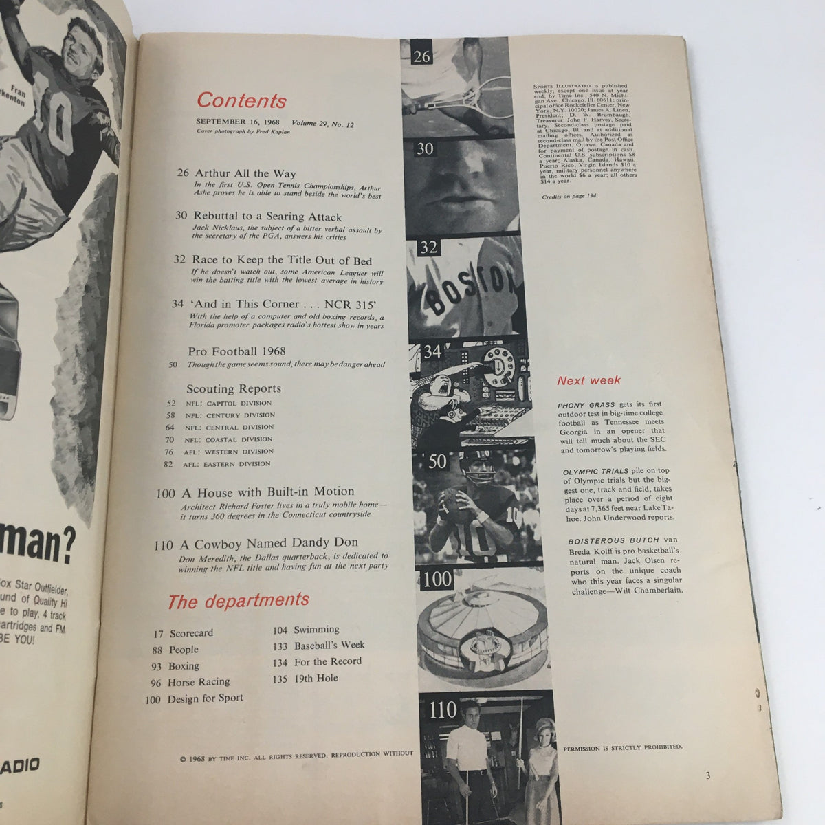 Interior page from Sports Illustrated Magazine September 16, 1968 featuring contents and articles including Pro Football 1968 and A Cowboy Named Dandy Don, highlighting Dallas Quarterback Don Meredith.