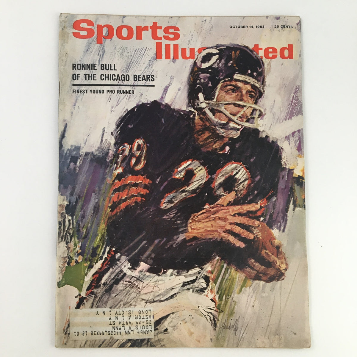 Cover of Sports Illustrated Magazine dated October 14, 1963 featuring Ronnie Bull of The Chicago Bears. The magazine showcases an artistic representation of Ronnie Bull, highlighting his position as a pro runner.