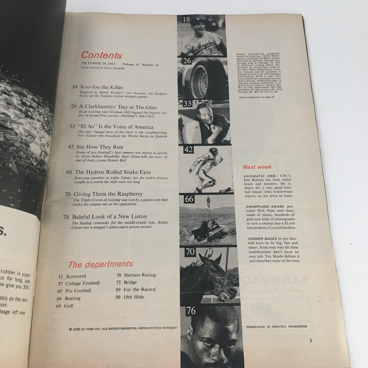 Contents page of Sports Illustrated Magazine October 14, 1963, featuring articles and features such as 'Koo-foo the Killer' and 'See How They Run', along with an overview of departments including college football and pro football.