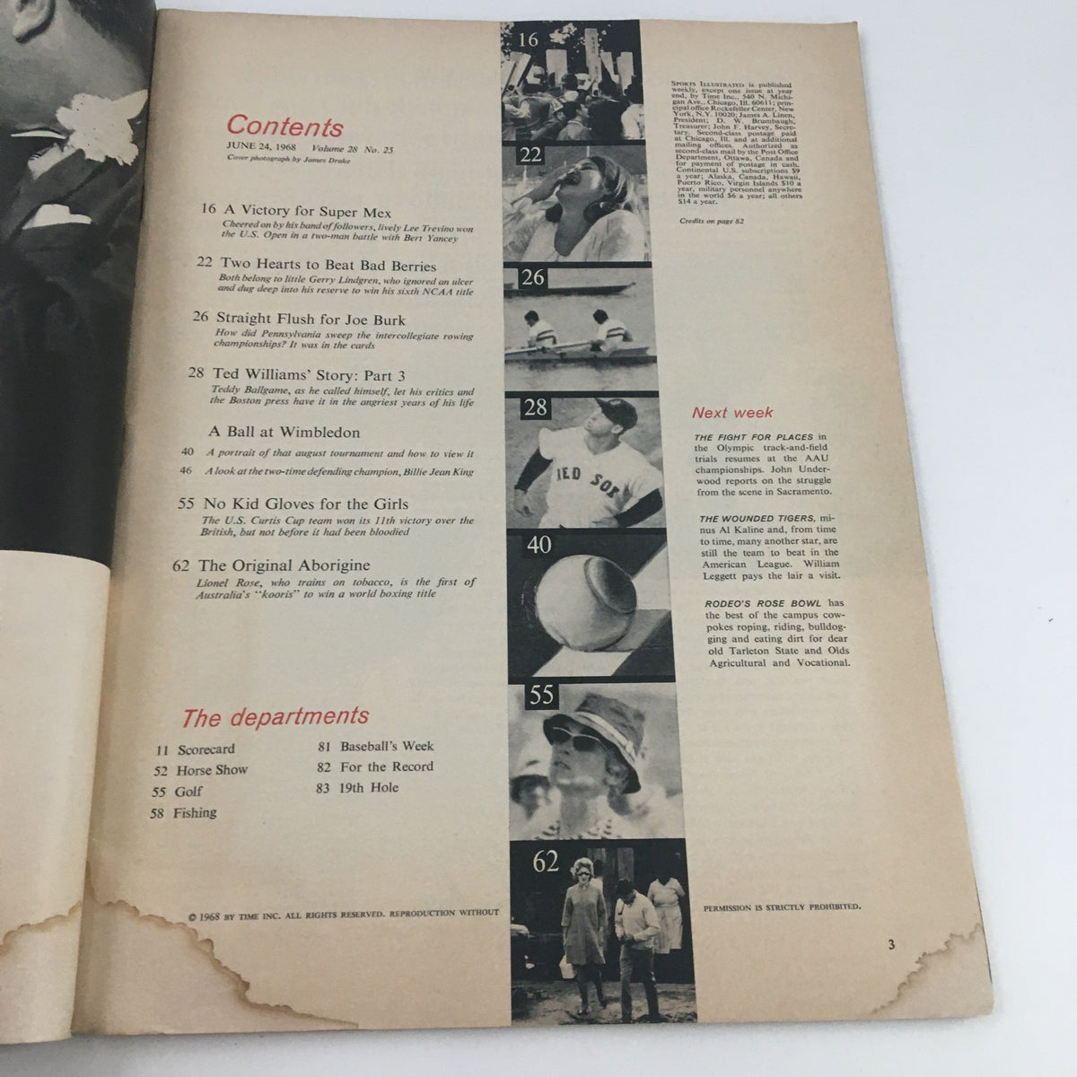 Contents page of Sports Illustrated Magazine from June 24, 1968 outlining featured articles including Lee Trevino's win and other sports stories.