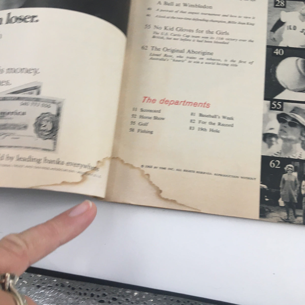 Close-up of the torn contents page from Sports Illustrated Magazine dated June 24, 1968, revealing article titles including 'A Ball at Wimbledon' and 'No Kid Gloves for the Girls'.
