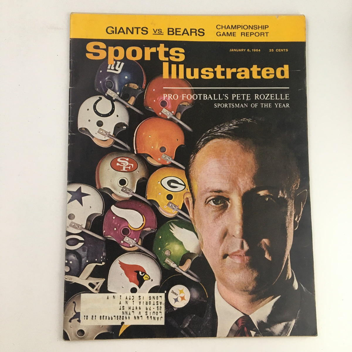 Cover of Sports Illustrated Magazine January 6, 1964, featuring NFL Commissioner Pete Rozelle, with a collection of football helmets in the background, reflecting the era's sports culture.