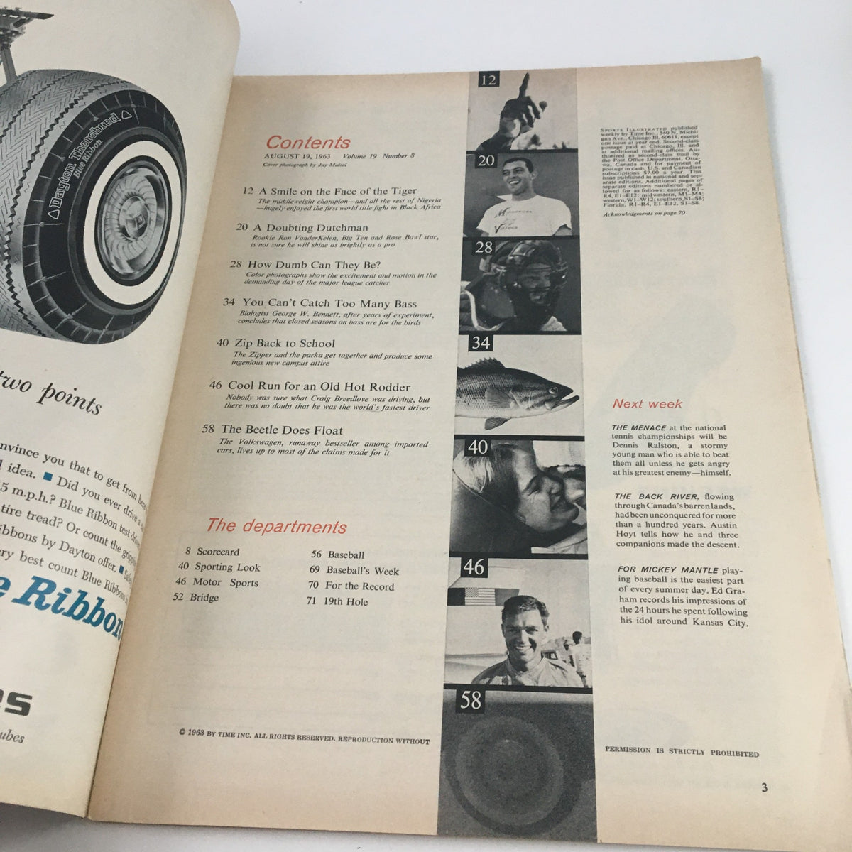 Interior page of Sports Illustrated Magazine August 19 1963 displaying the table of contents, detailing articles and features from the era.