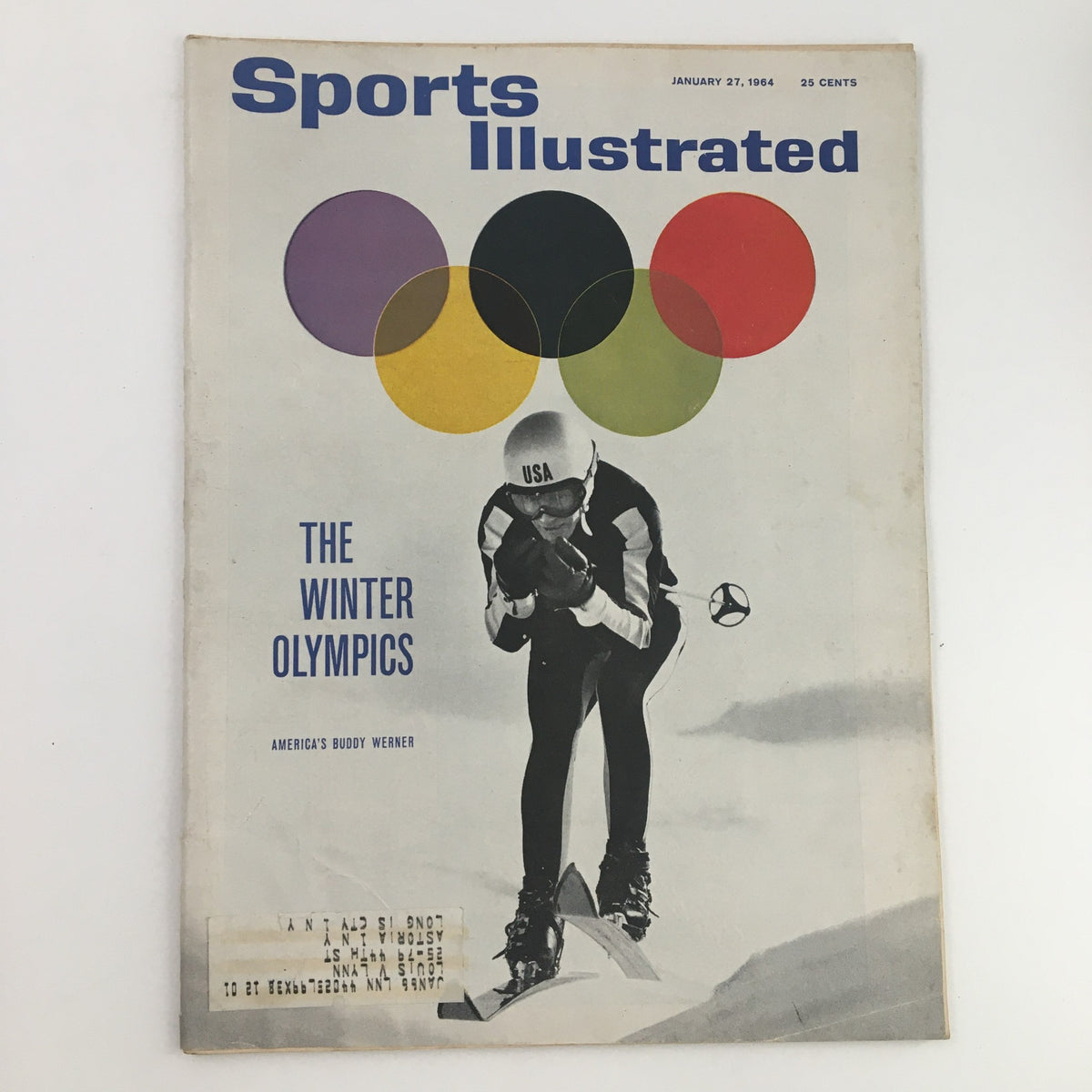 Cover of Sports Illustrated Magazine January 27, 1964 featuring Buddy Werner during the Winter Olympics, showcasing vibrant Olympic rings and a skiing action shot.
