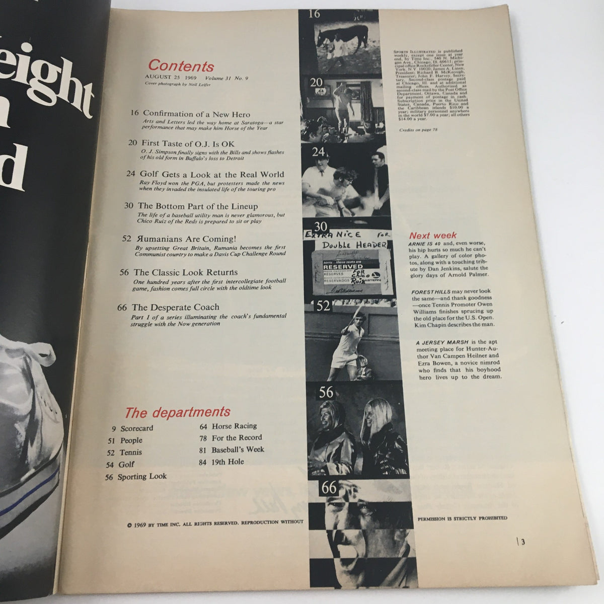 Contents page of Sports Illustrated Magazine August 25, 1969, detailing articles including O.J. Simpson, sports updates, and features on various athletic events.