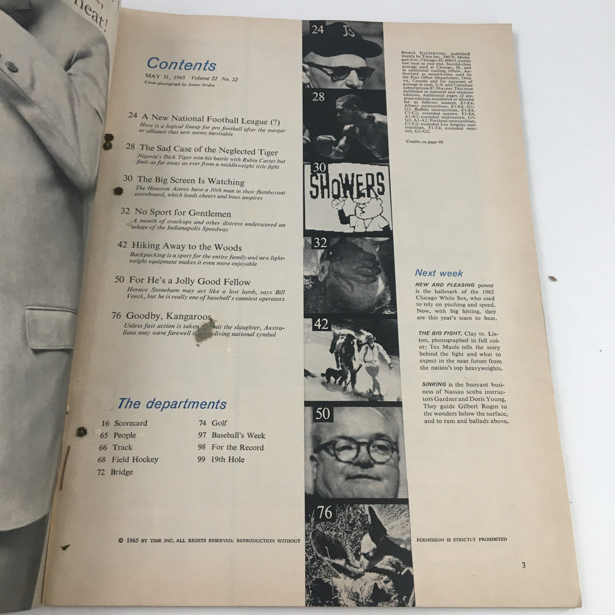 Contents page of Sports Illustrated Magazine from May 31, 1965, outlining articles including features on sports and events, relevant to the theme "The 500 Champions is so Brutal."