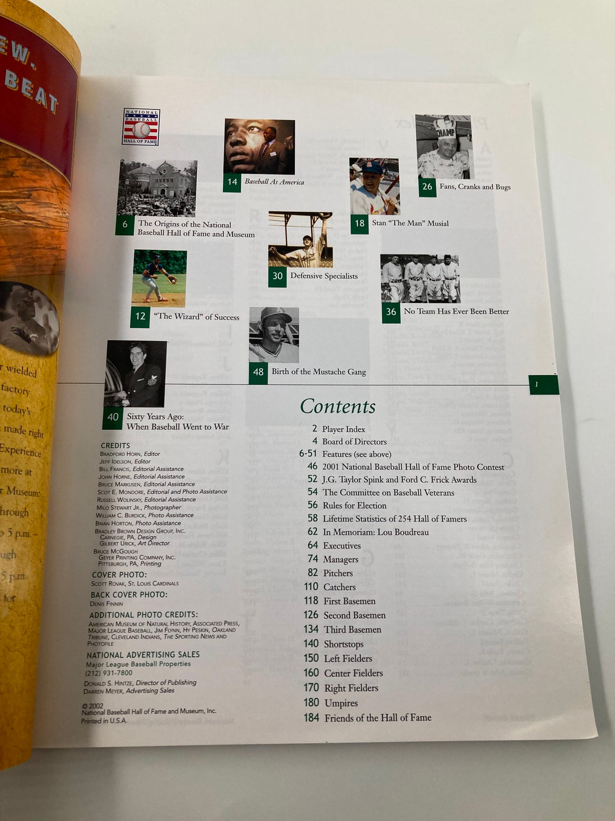 Page from the 2002 National Baseball Hall of Fame and Museum Yearbook featuring a table of contents and various baseball-themed images, highlighting players, special features, and historical information.