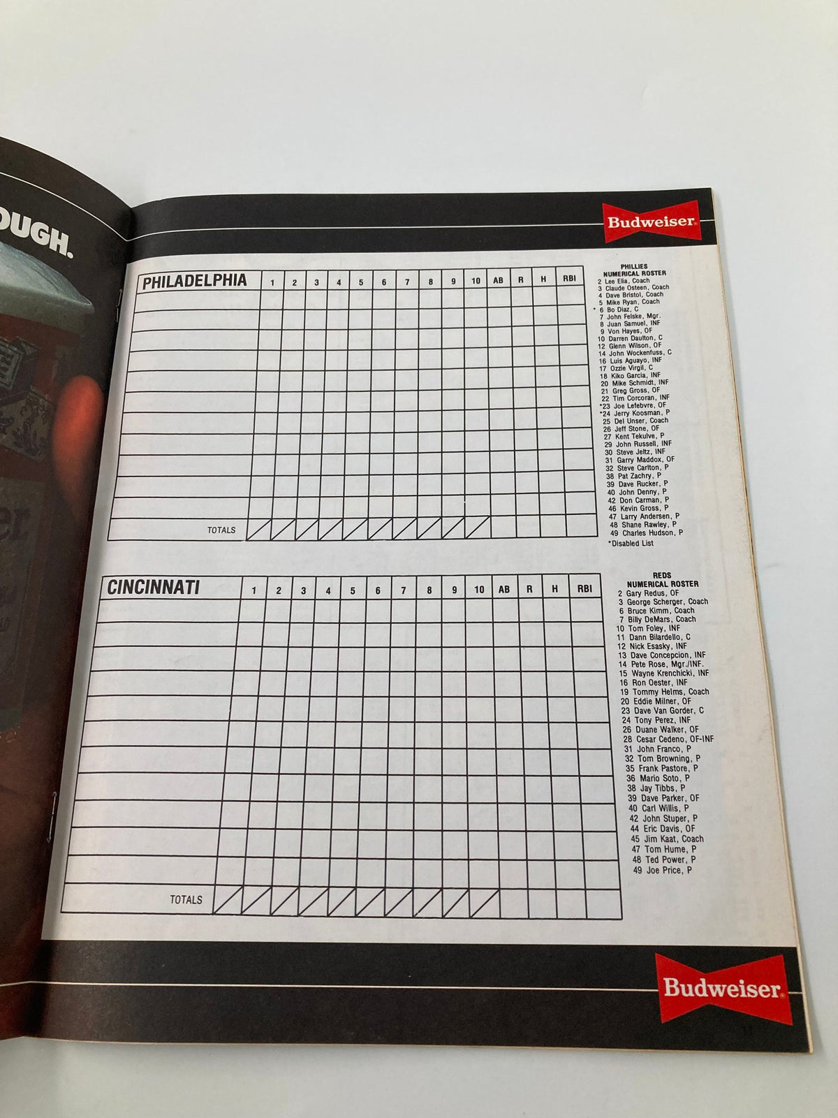 Scoring sheet from the 1985 MLB Cincinnati Reds Official Scorebook Program, displaying player statistics for Cincinnati Reds and Philadelphia teams.