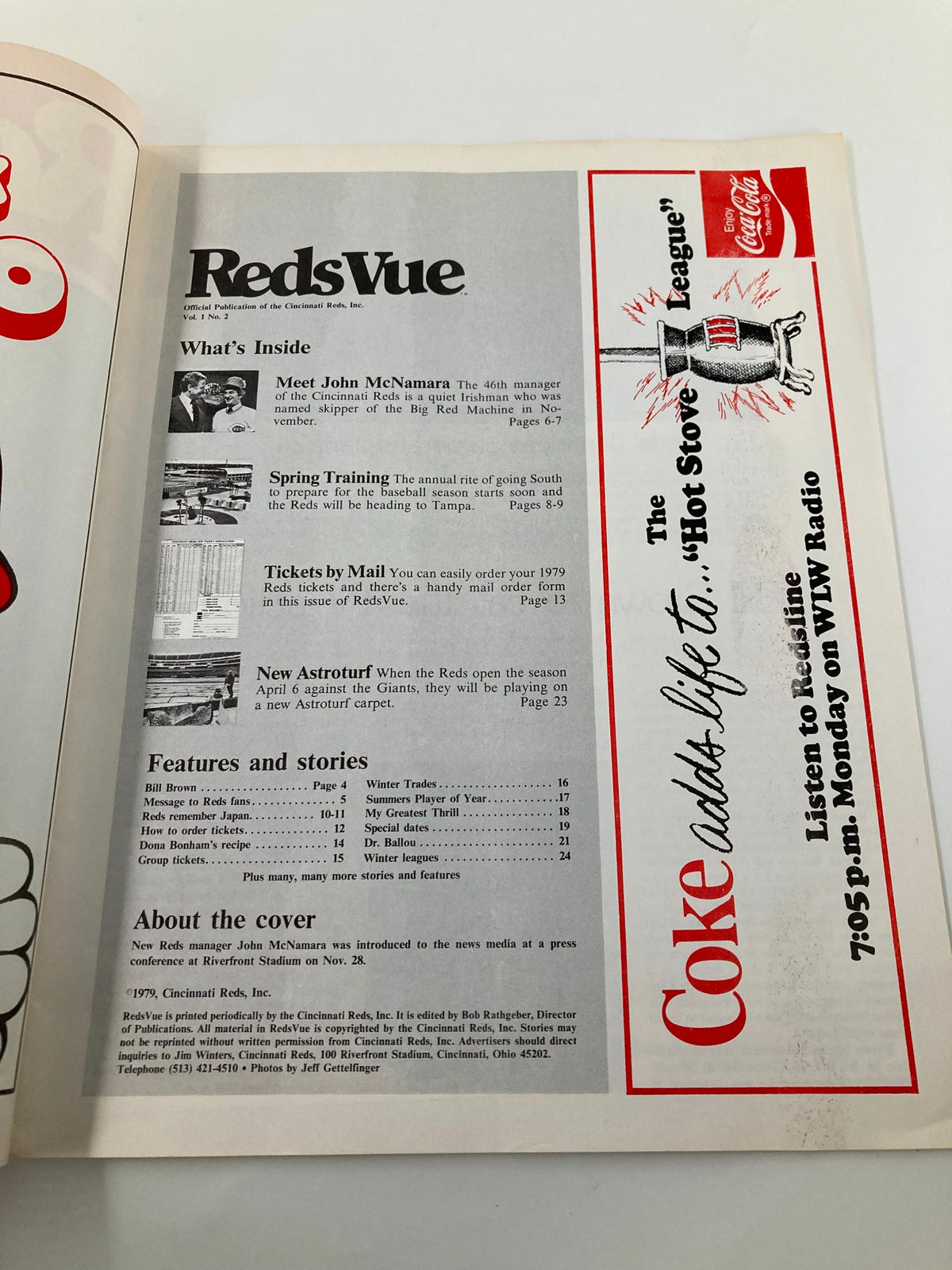 Interior page of January 1979 Vol. 1 #2 MLB Cincinnati Reds RedsVue Official Program displaying the contents and features, including ticket information.