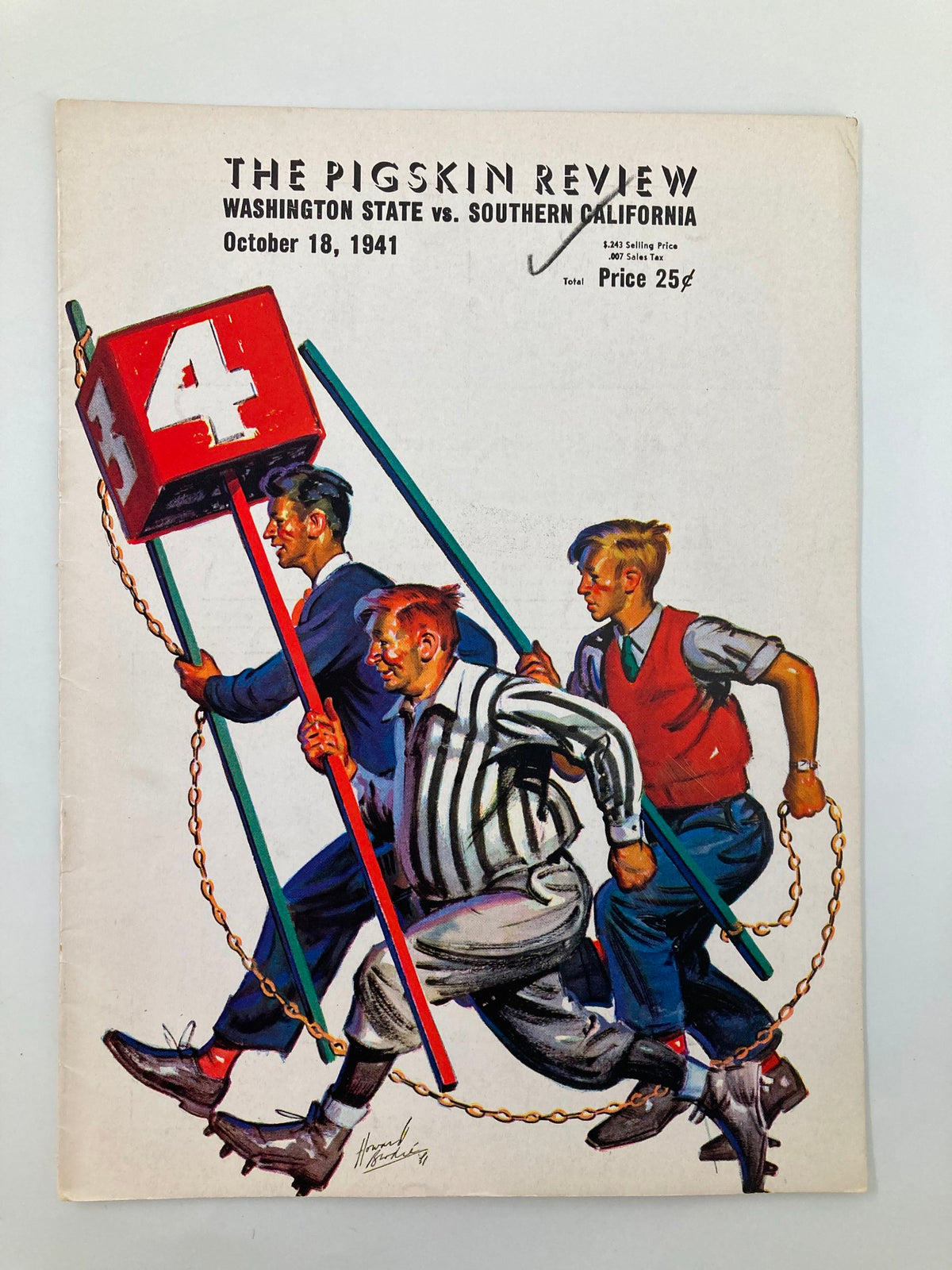1941 NCAA Football USC Trojans vs Washington State Cougars Pigskin Review cover featuring three men carrying a large number 4 sign, promoting the football matchup on October 18, 1941.