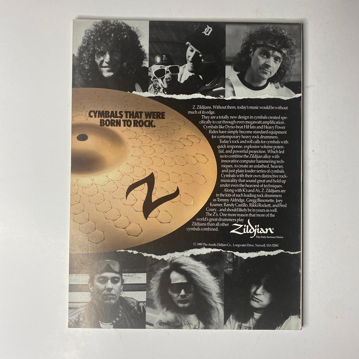 Back cover of Modern Drummer Magazine September 1989 featuring Zildjian cymbals advertisement, portraying iconic musicians and promoting percussion products.