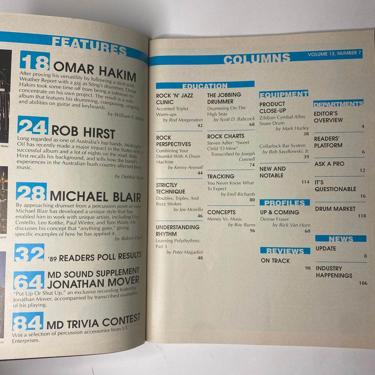 Inside page of Modern Drummer Magazine July 1989 featuring articles on Omar Hakim, Rob Hirst, and Michael Blair, along with educational columns and equipment reviews.