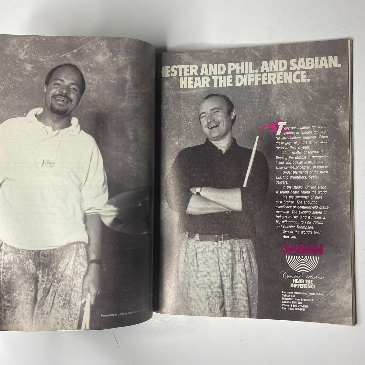 Advertisement page in Modern Drummer Magazine July 1989 featuring musicians and celebrating Sabian cymbals, showcasing Phil Collins and other iconic drummers.