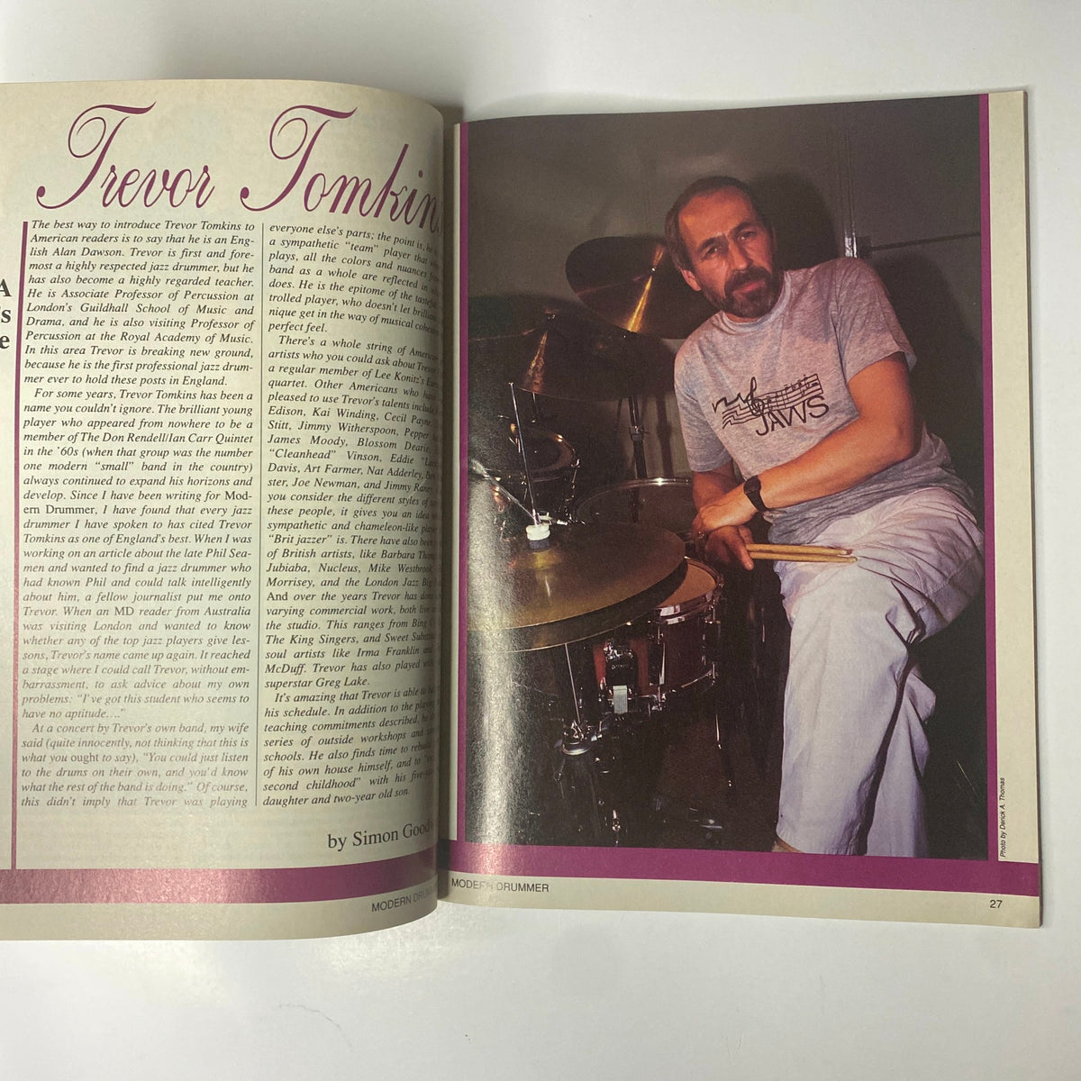 Trevor Tomkins featured in Modern Drummer Magazine June 1989, showcasing his drumming expertise and passion for music.