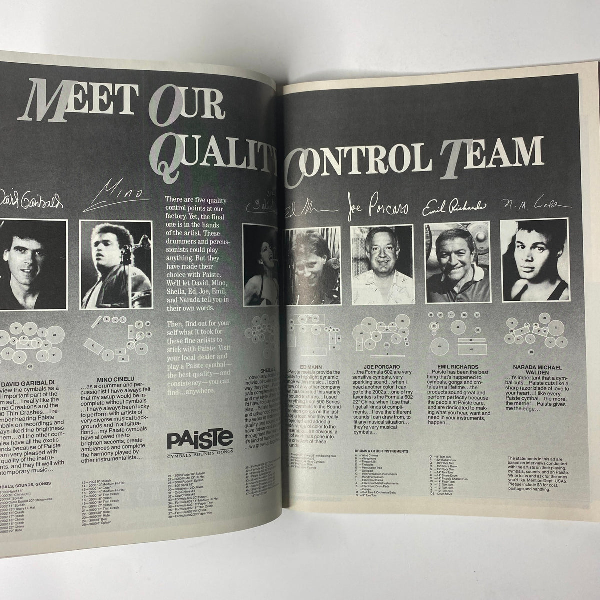 Page in Modern Drummer Magazine May 1989 introducing the quality control team for Paiste, showcasing various drumming professionals.