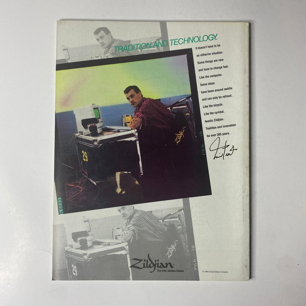 Back cover of Modern Drummer Magazine May 1989 featuring an advertisement for Zildjian Cymbals with the tagline 'Tradition and Technology.' The image shows a professional man in a studio setting, discussing the integration of traditional drumming techniques with modern technology.